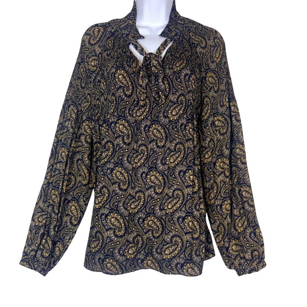 Paisley Smocked Tie Neck Blouse Whimsigoth OfficeSiren Lauren Ralph Lauren XL